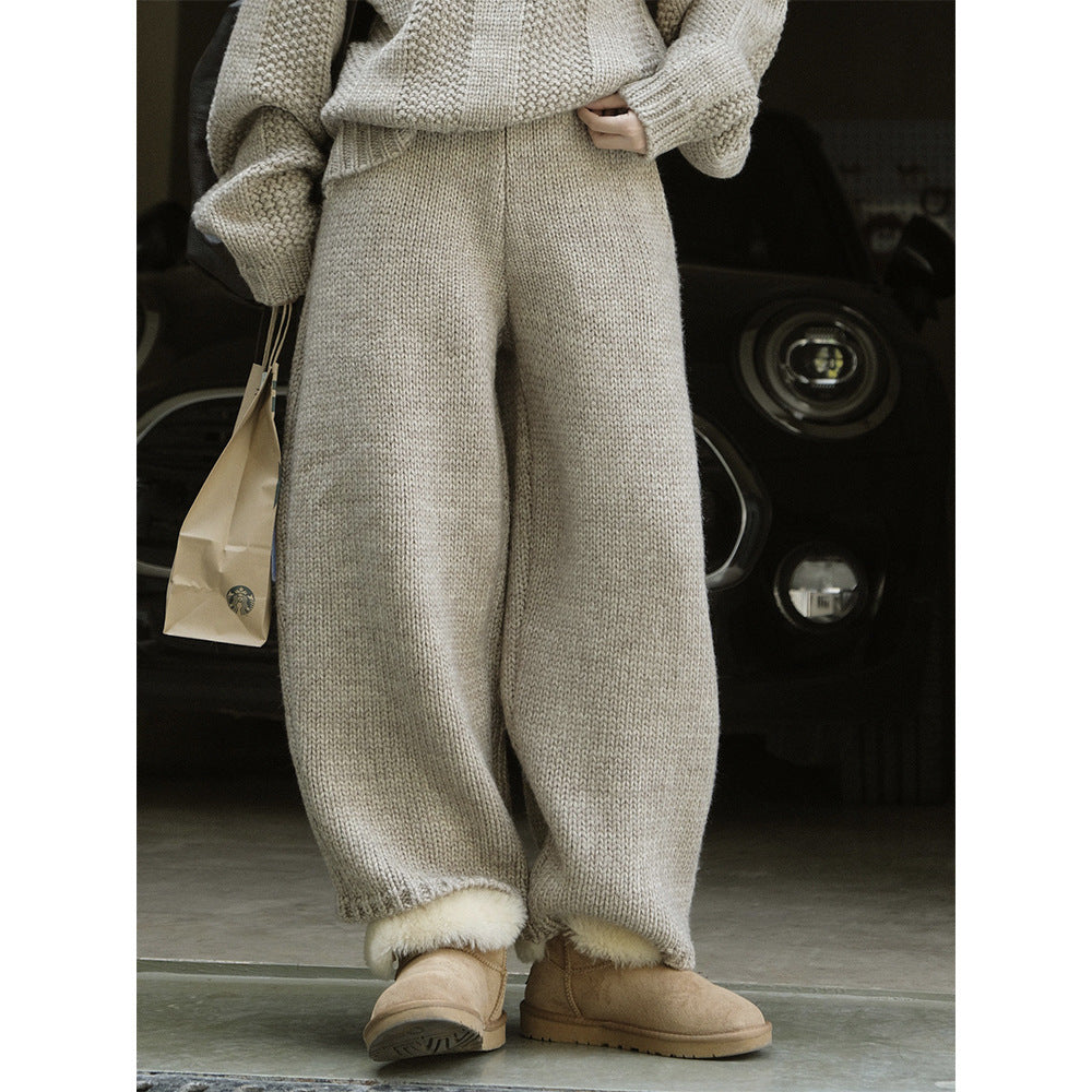 Retro Iceland Yarn Thick Knitted Casual Pants Loose Wool Trousers