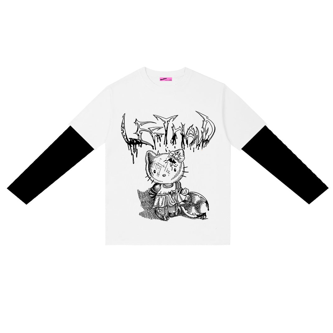 Punk Loose Long-Sleeved Striped Fake Two Cartoon Dark T-Shirts