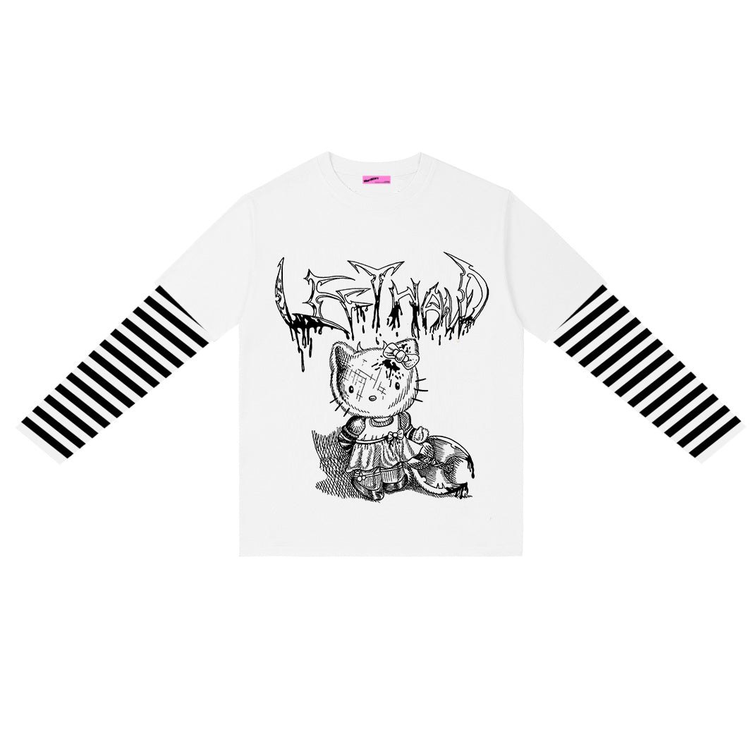 Punk Loose Long-Sleeved Striped Fake Two Cartoon Dark T-Shirts