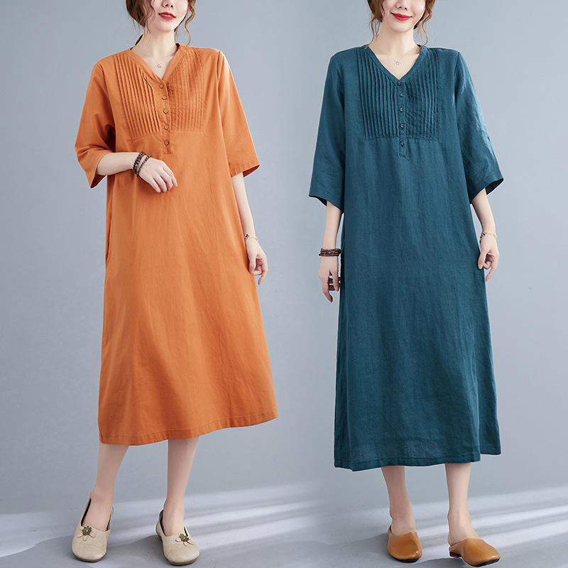 Artistic Loose Solid Color Cotton And Linen V-neck Half-length Sleeve Dress Women's Mid-length