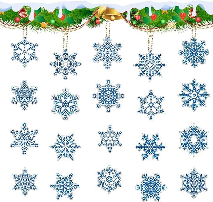 20 Pcs Snowflake Christmas Diamond Painting Keychains Double Sided DIY Diamond Art Painting Hanging Ornaments Winter 5d Diamond Painting Hanging Kits Decor For Adults Holiday Party Supplies Craft